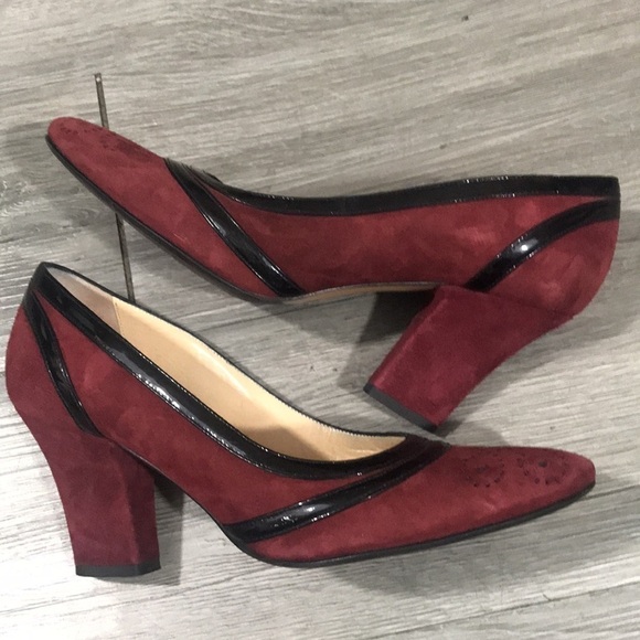 Marvin K. Burgundy Suede Wingtip Detailing Pumps w/ Black Patent Leather Trim - Picture 6 of 10